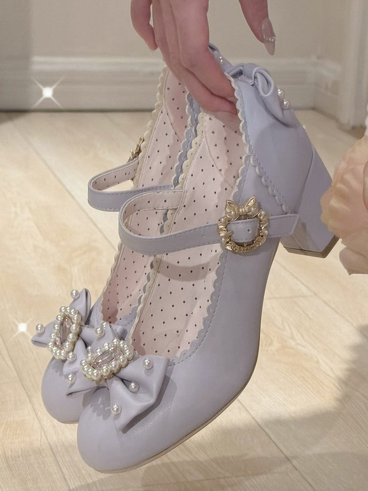 Janes Bowknot Lolita Details Perlen verziert Mary Strass Zehen rund und Schuhe lila