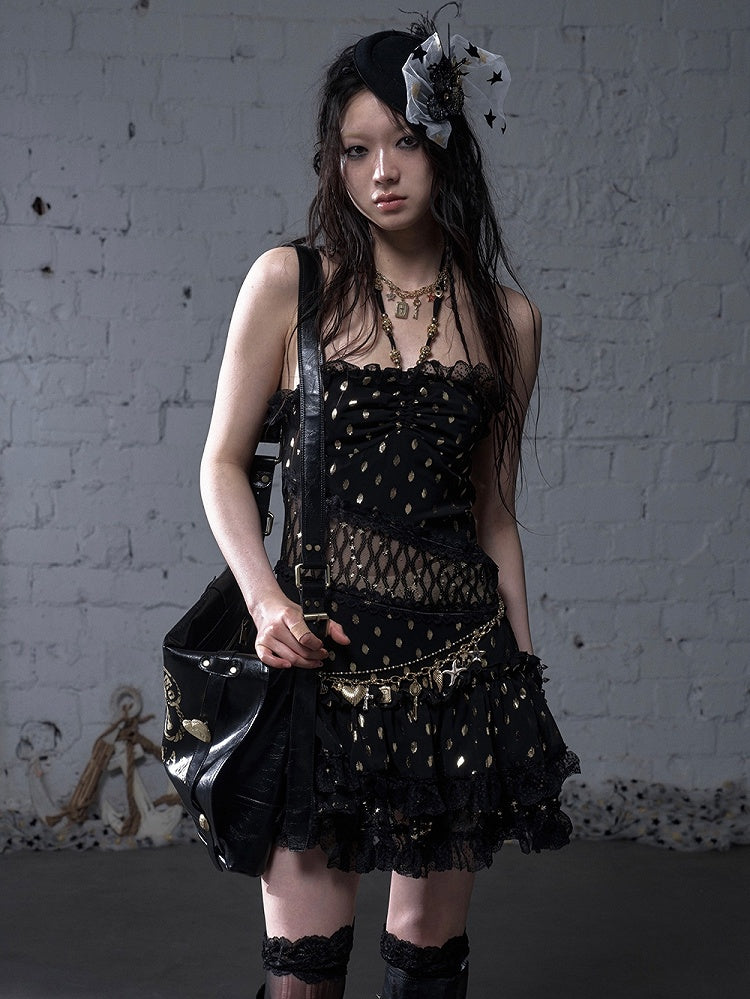 Beige/Black Neck Waist Polka-dot Vintage Halter Lace Patches