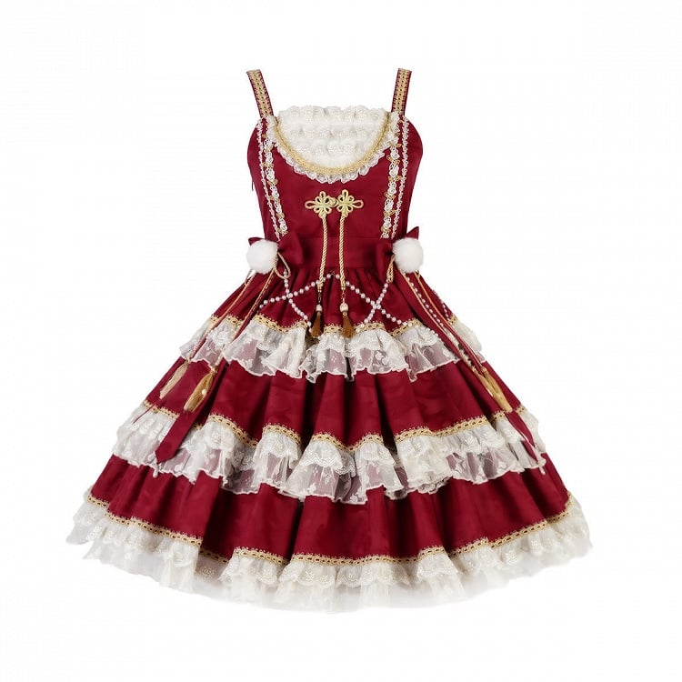 Red New Year Lolita Bows and Bead Chain Waist Tiered Hem Jumper Skirt