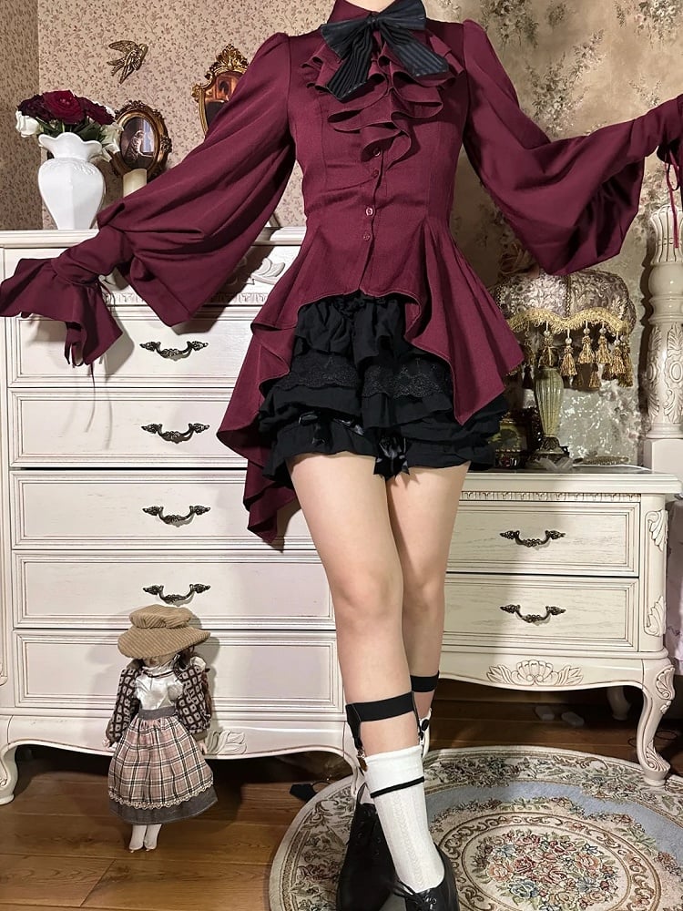 Red Gothic Ouji Lolita Irregular Flounce Hemline Pointed Collar Long Sleeves Shirt