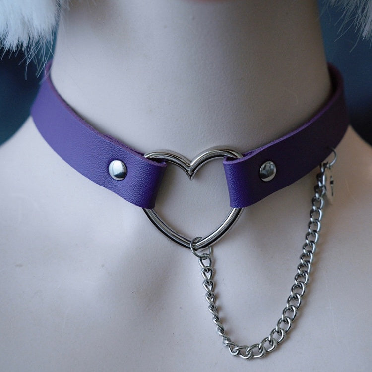 Chain And Heart Cut-out Gothic Choker Pendant Purple Cross-shaped