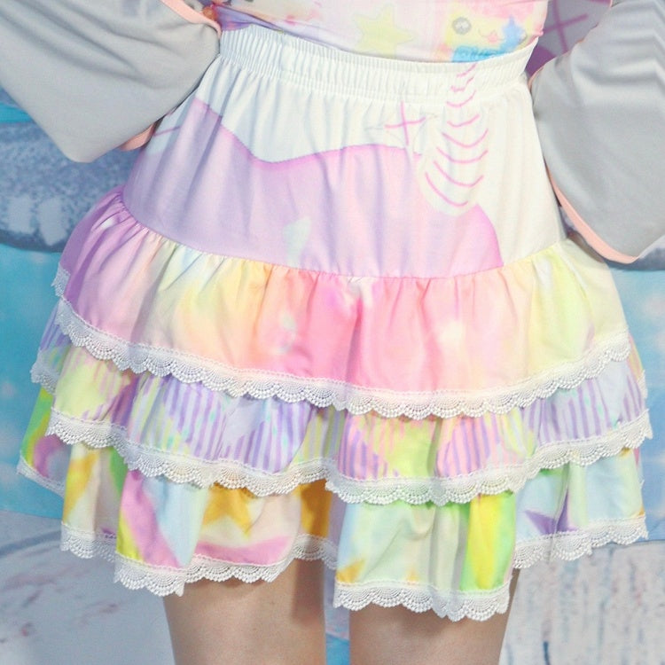 White/Blue/Purple Skirt with Lace Trim Y2K Striped Pattern Tiered A-Line