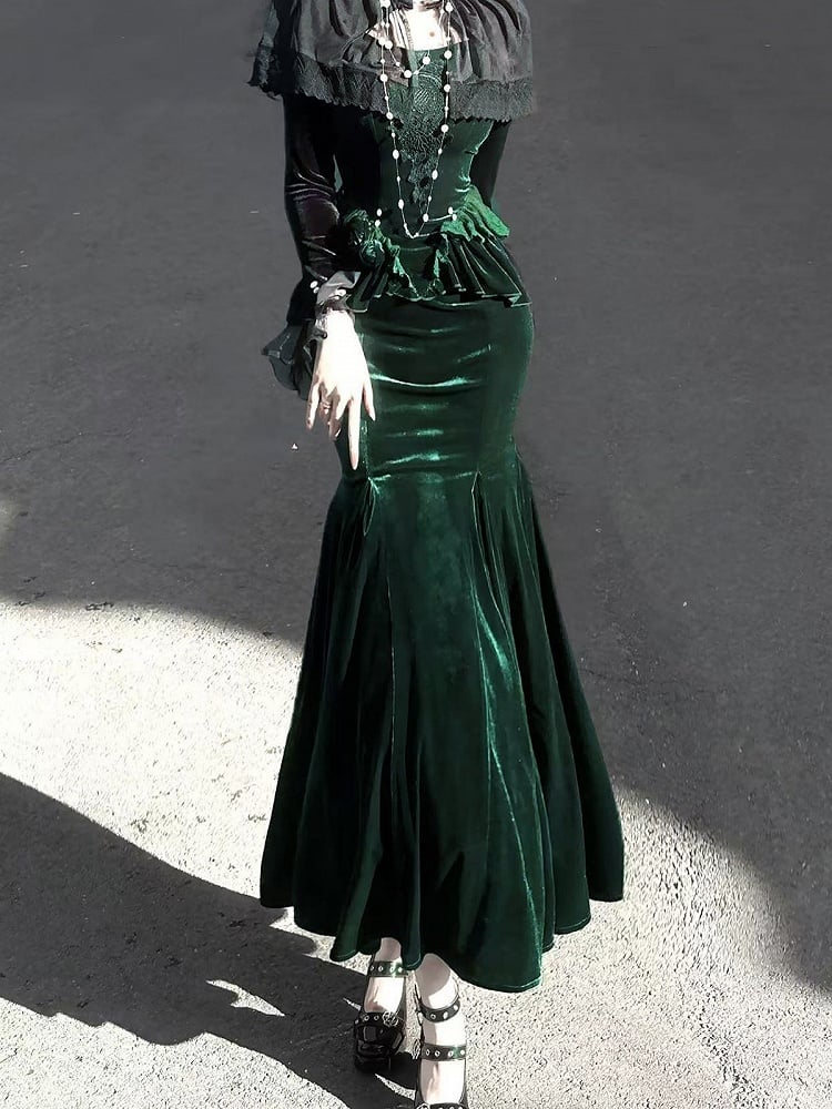 Mermaid Forest Peplum Lace Velvet and Dress with Green Applique Detail Black Dark
