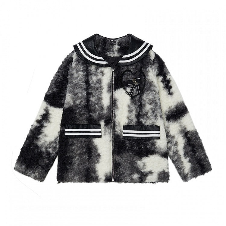 Black/Brown Sailor Collar Bowknot Details Fleece Jacket