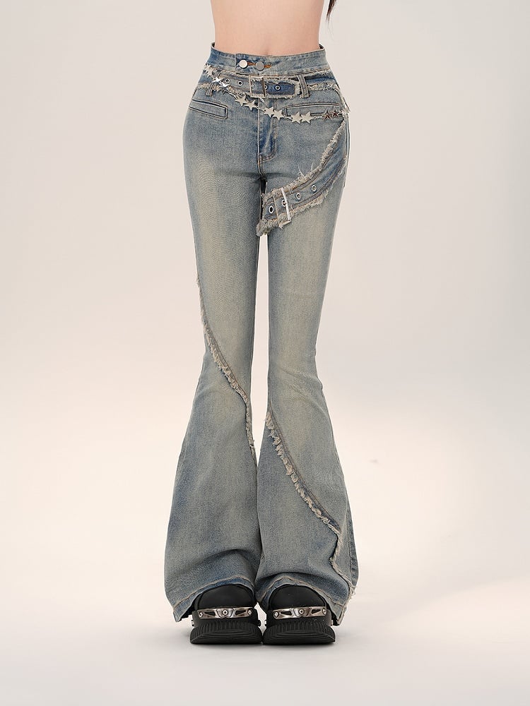 Blue Flare Jeans with Frayed Hem and Built-in Belt