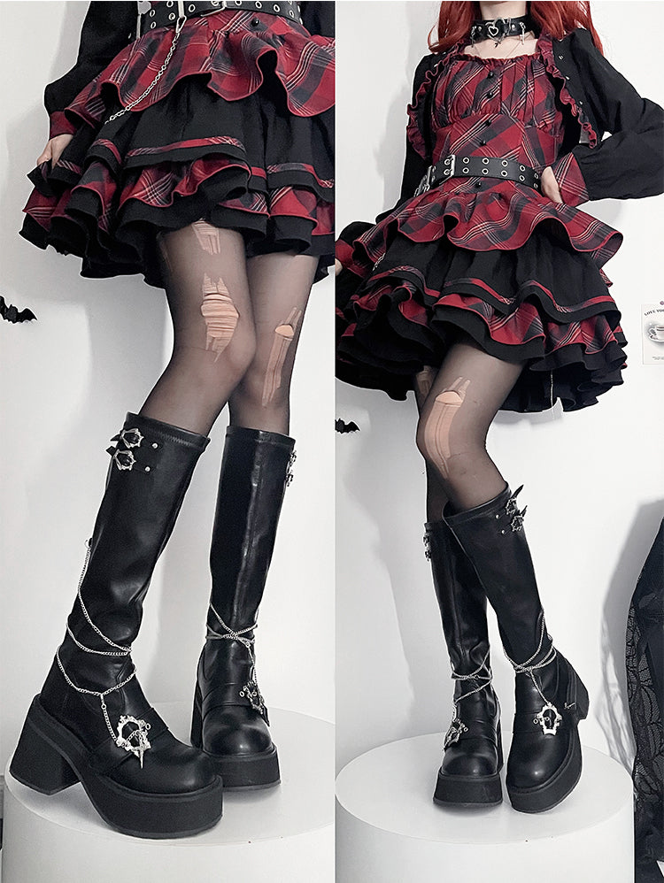 with Coffin Black Platform Buckles Boots Matte Detachable Gothic Cross Chain Knee-high Y2K