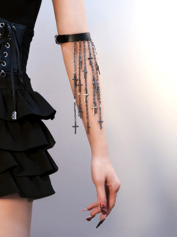Cuff Tassel Cyberpunk Black/Silver/Brown Design Charm Arm Cross