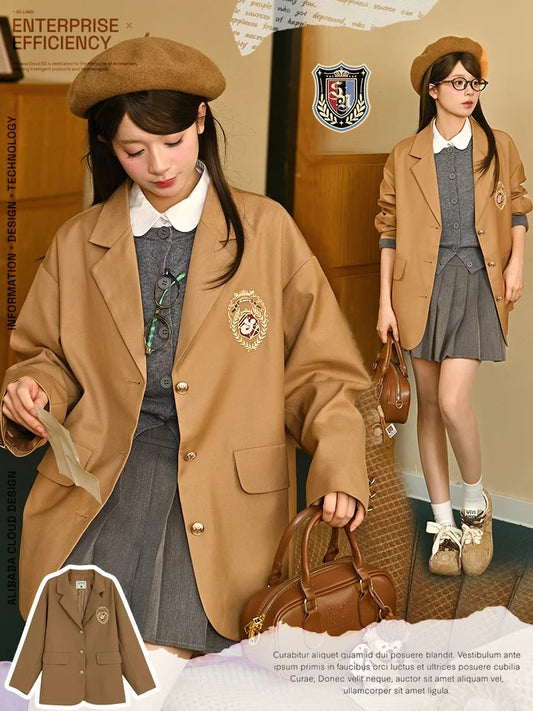 ミラードファッション ブラウンバッジ刺繍入りプレッピーブレザー