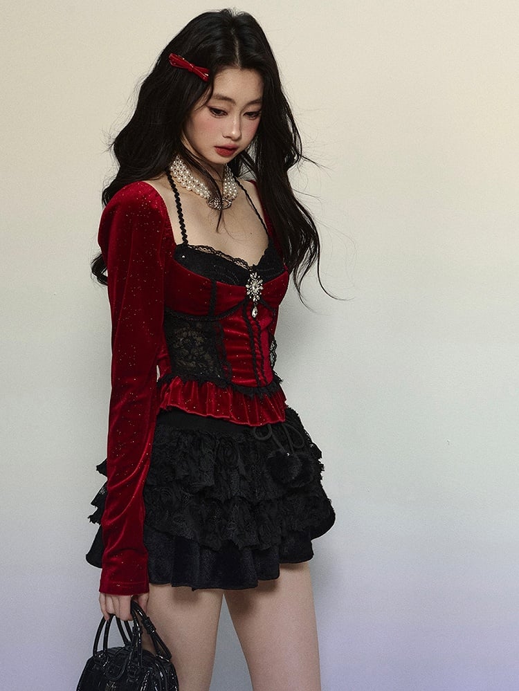 Red Rhinestones Adorned Shimmering Velvet Halter Neck Top