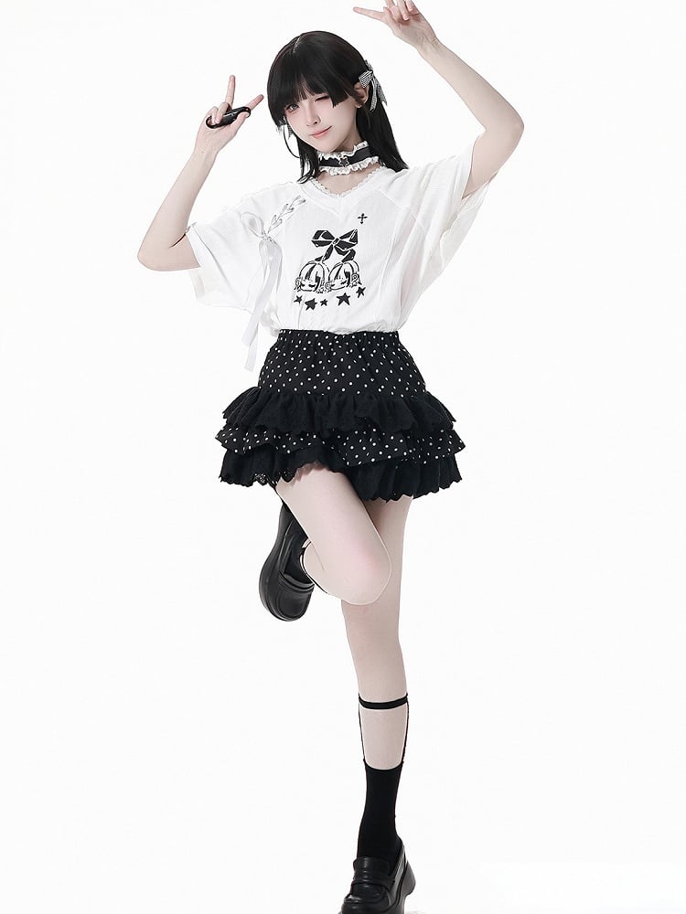 Gestufter Polka-Dot-Rock Pumphose Futter Schwarz Elastische Taille Spitzenbesatz