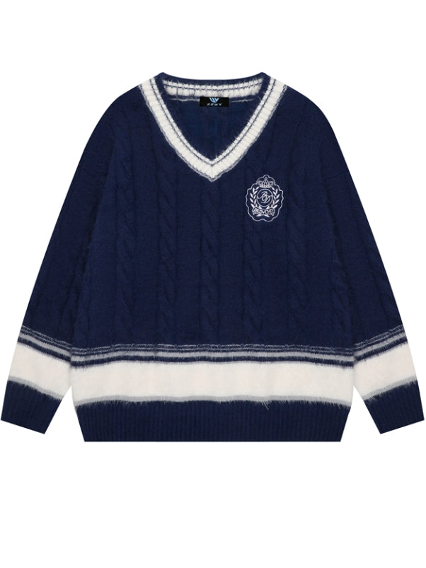 Red/Blue/White V-neck Preppy Style Loose Sweater