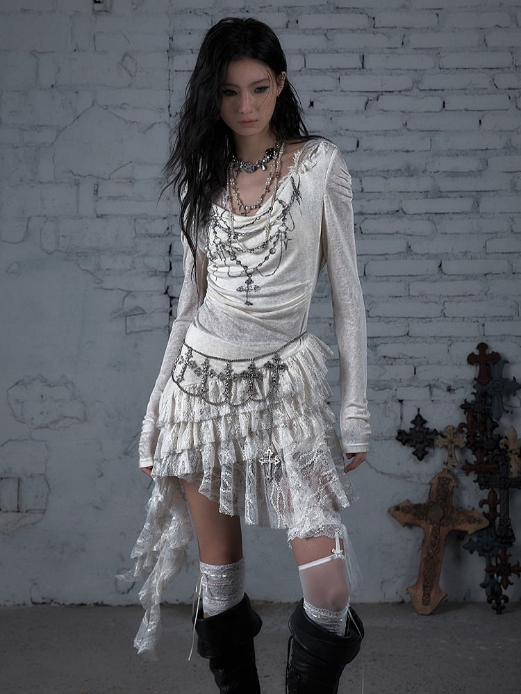 Print Hood Lace Cross Hem Tiered Punk with Asymmetric Apricot Dress