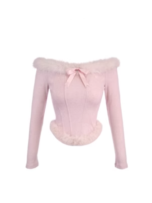 Off-Shoulder Knit Top With Faux Fur Charming Bow Accent Pink