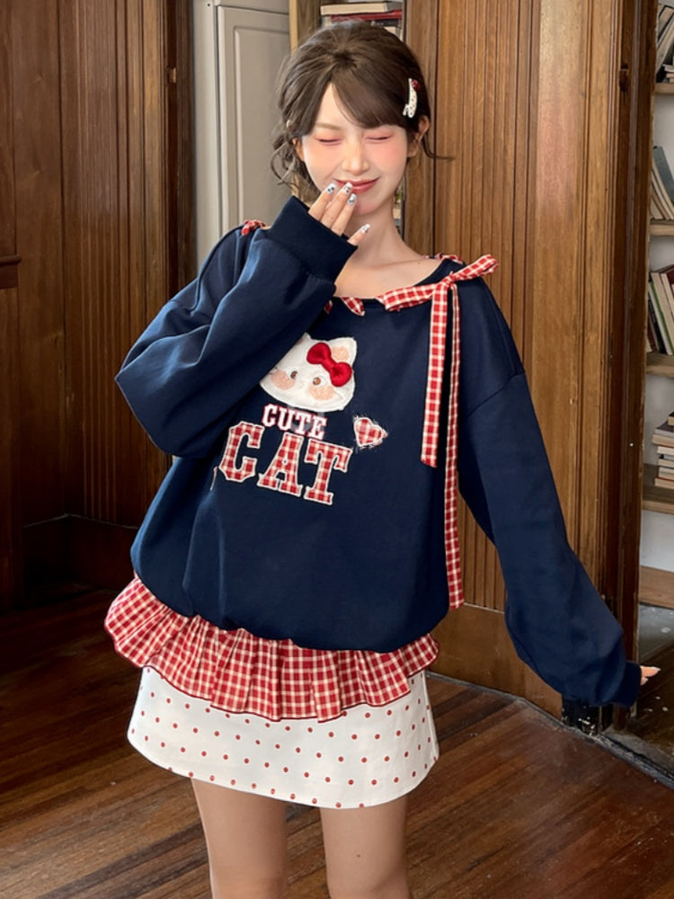 Red Asymmetrical Neckline Kitty Embroidery Applique Navy Plaid Self-tie Sweatshirt Straps at Blue