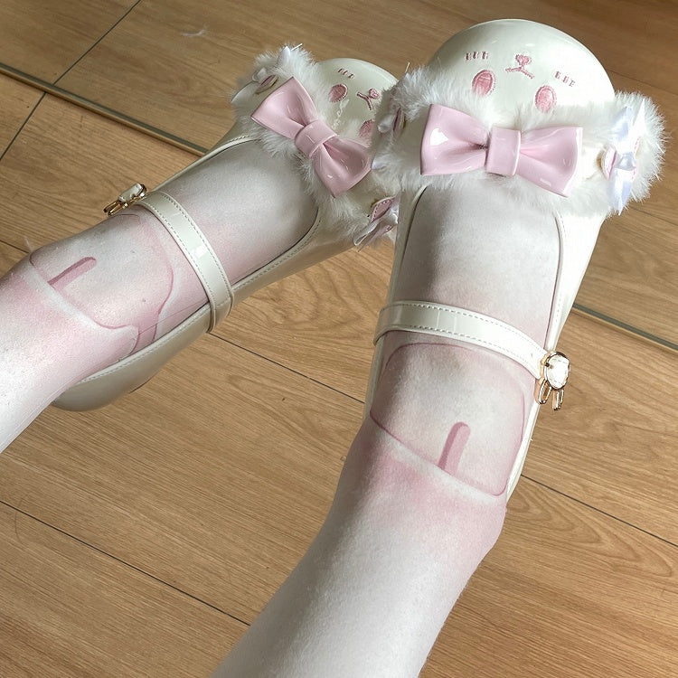 Lolita-Zehenriemen mit Schleife und Ohr, süße runde Hasenschuhe aus Plüsch, weiß-rosa Schnallendetails