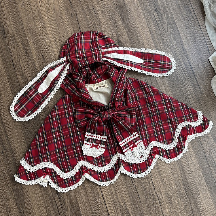 and Plaid Bunny Ears Red Cape Hooded with Petal-like Trim