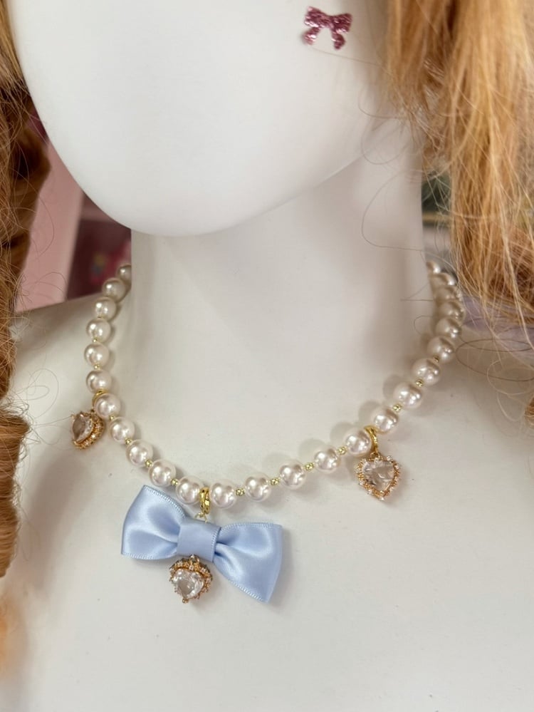 Blau/Grau Perlen Strass Und Halskette Herz Bowknot Anhänger