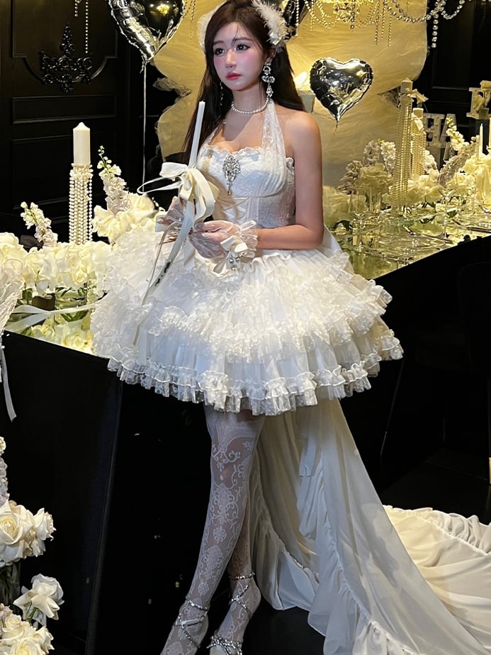 White Basque Waist Self-tie Lace Halter Neck Hanayome Lolitacore Dress