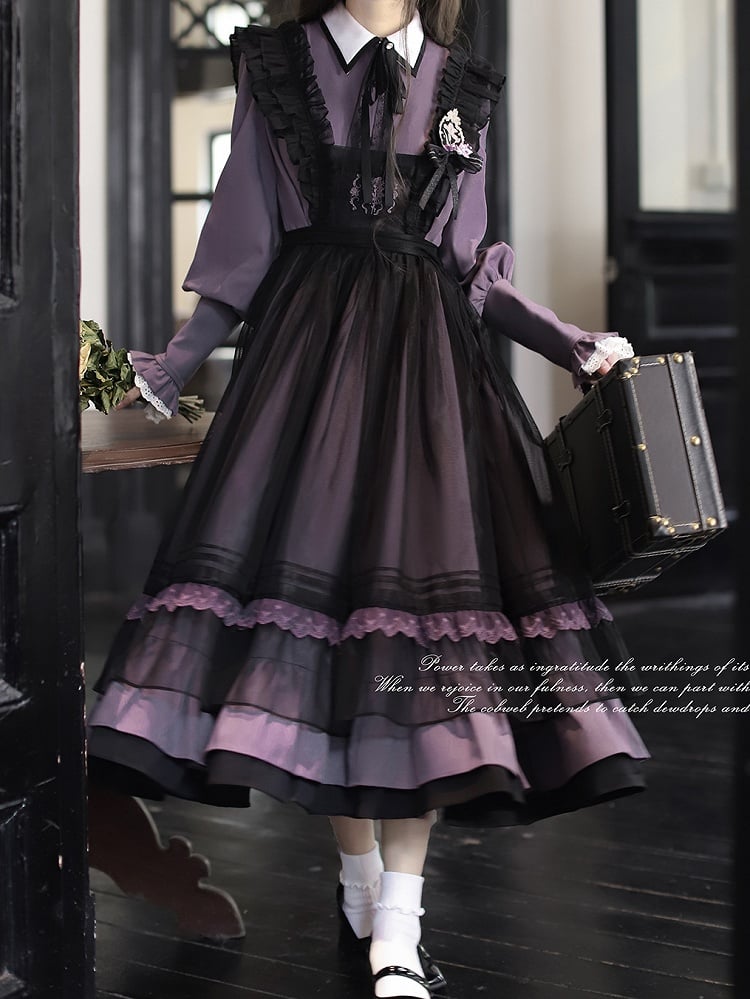 Front with Trim Embroidery Detail and Mesh Apron Dress Purple Lace Black at