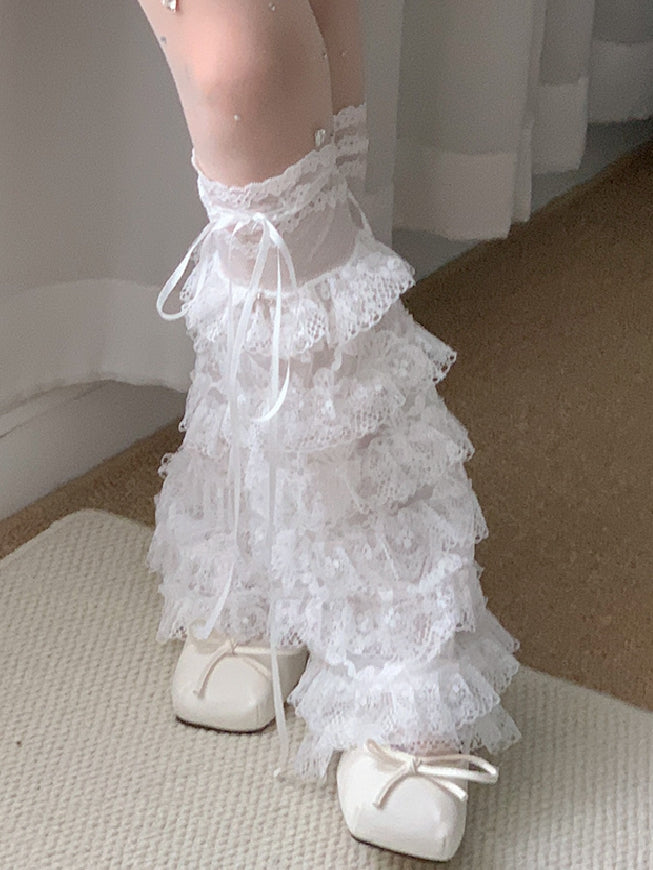 Tiered Strap Lace White Leg Self-tie Warmers Trim