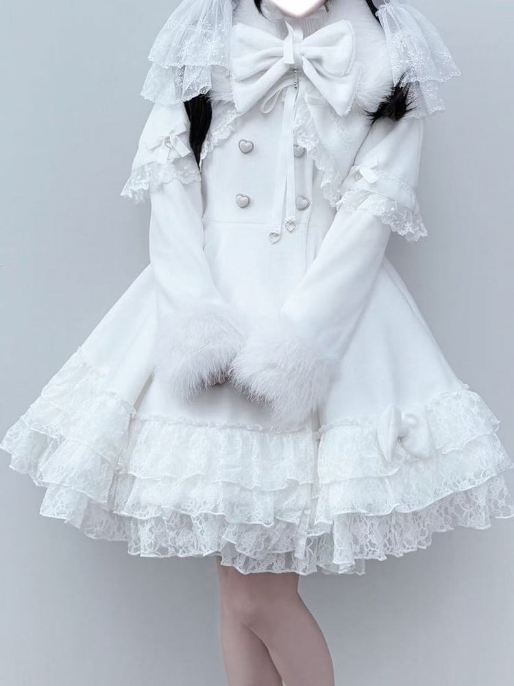 Jirai Kei White Tiered Lace Coat with Detachable Cape and Shaggy Collar