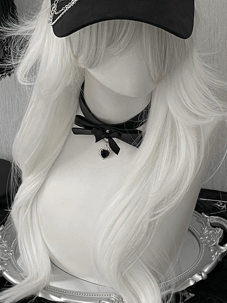 Heart Pendant Choker Black/White Design Rhinestone Bowknot