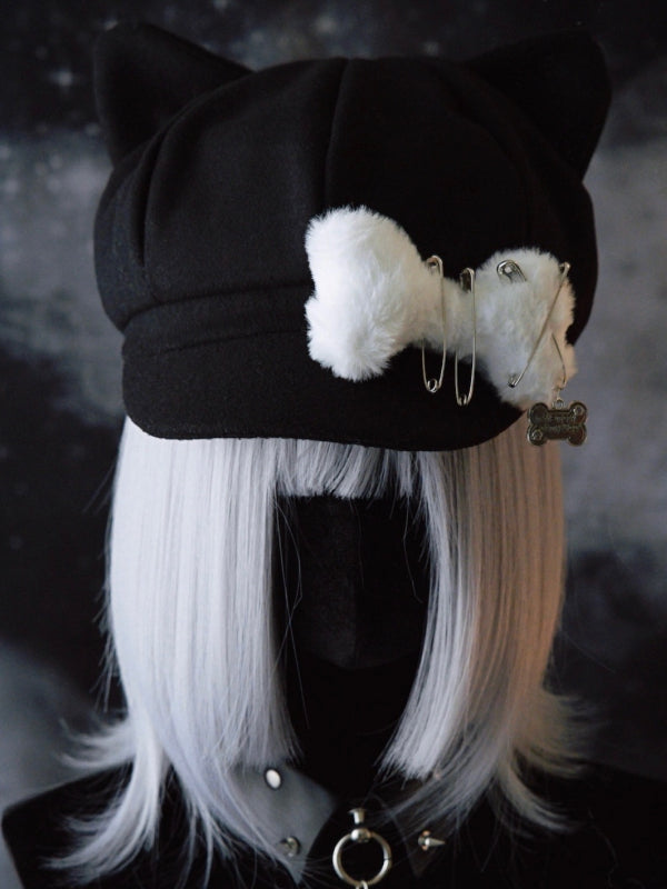 Gothic Verzierter Knochen Schwarz Plüsch Pin Ohr Hut Baskenmütze Design Katze