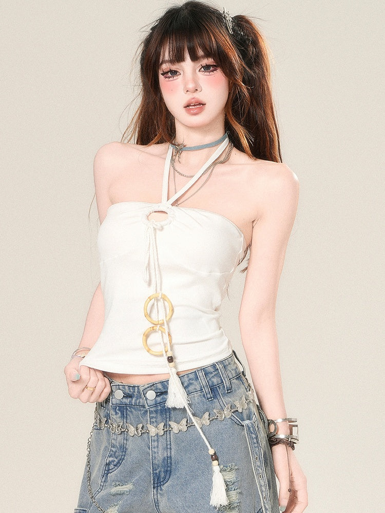 Straps Neck Tassel Top White Halter Glamorous