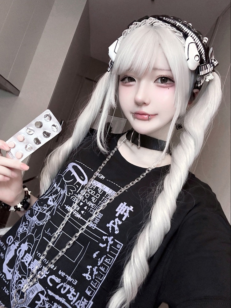 Jirai Black/White Round Neck Cyberpunk T-Shirt Print Kei Angel Cotton