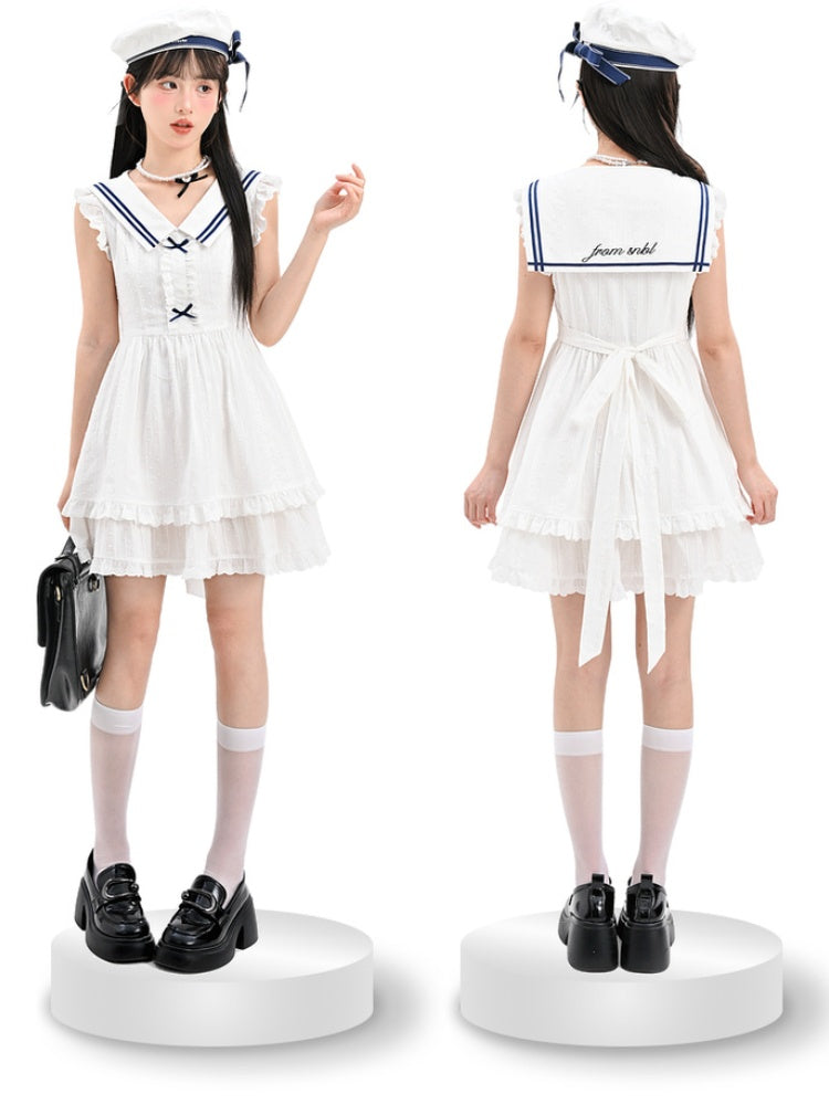 Trim Tiered Skirt Sleeveless Dress Contrast White Sailor Collar Flutter Sleeves Blue