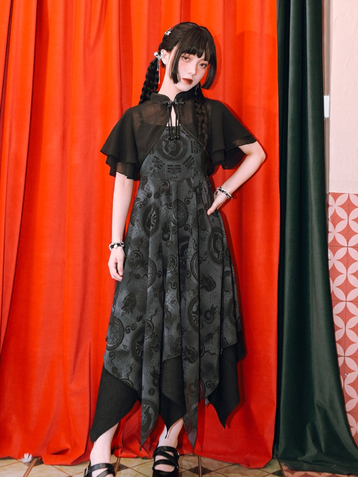 Top Black Double-layered Collar Banded Style Flounce Sleeves Cropped Cheongsam