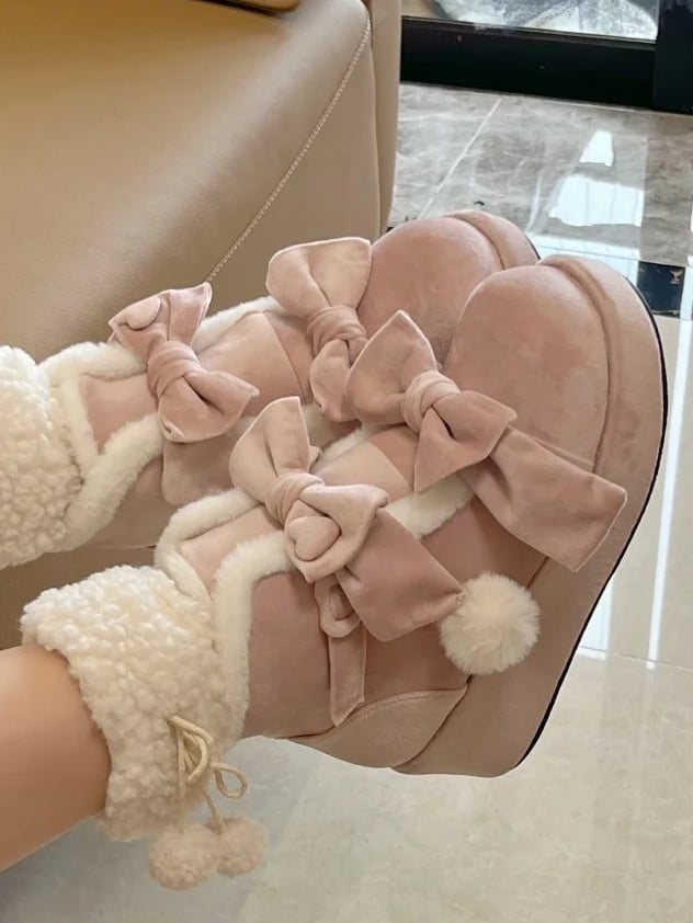 - Lolita Süße Plateaustiefel Pompon Winter Charm Pink