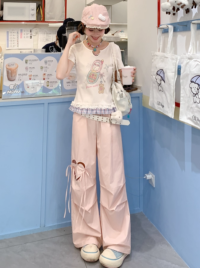 Blau/Rosa Hose mit weitem Bein und herzförmigem Ausschnitt und Kordelzug in der Taille