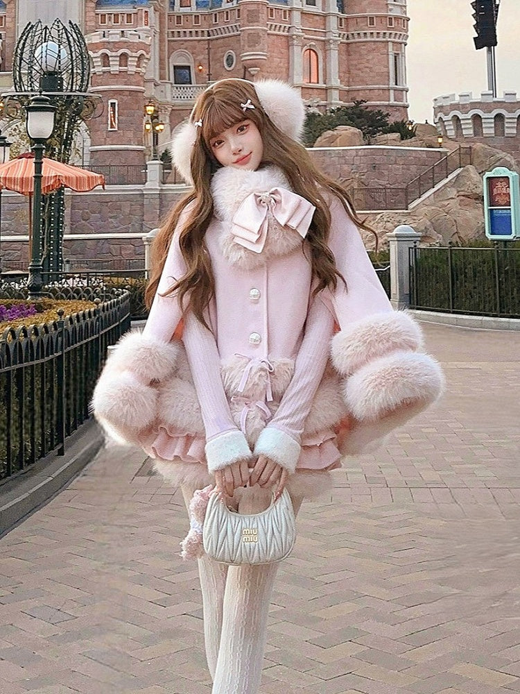 Bow Fur-Trimmed Pink Fleece With Accents Faux Cloak
