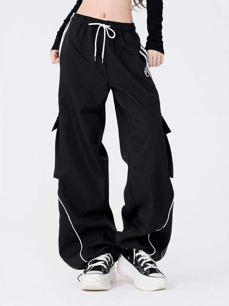 Black Drawstring Wide-Leg Cargo Pants with Side Utility Pockets