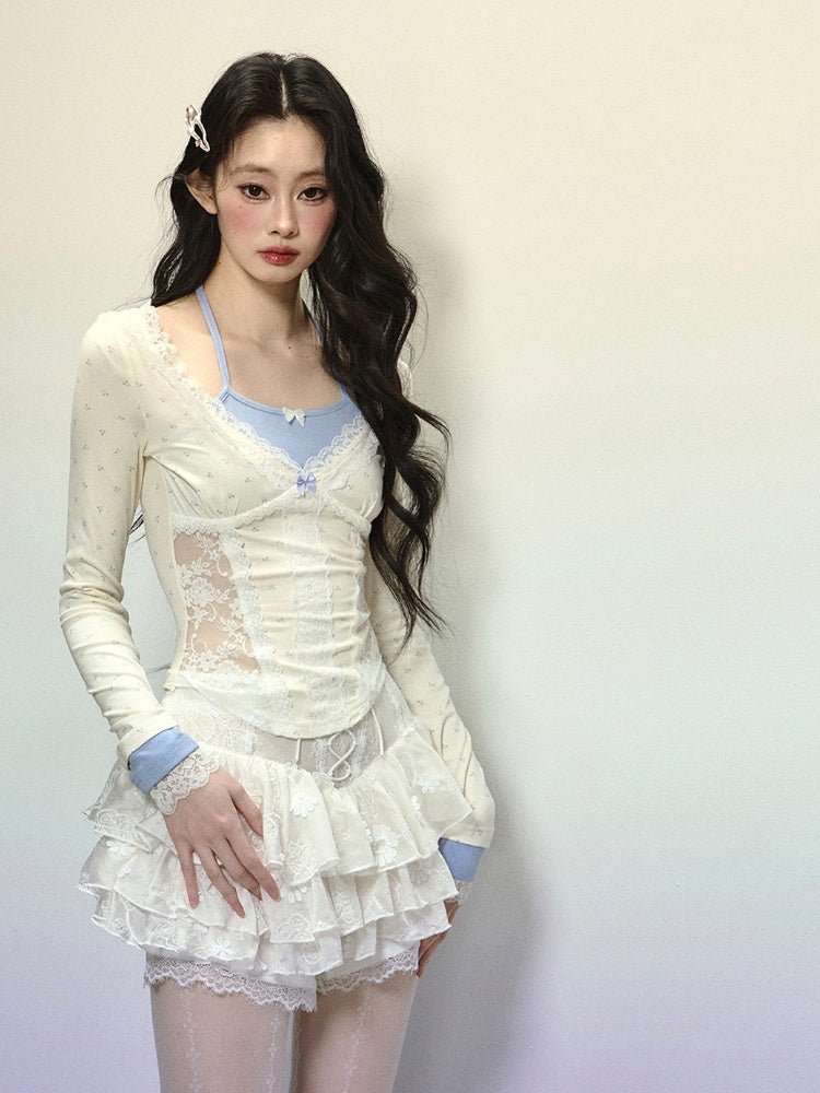 Apricot Halter Neck Lace Patches Waist Glamorous Top