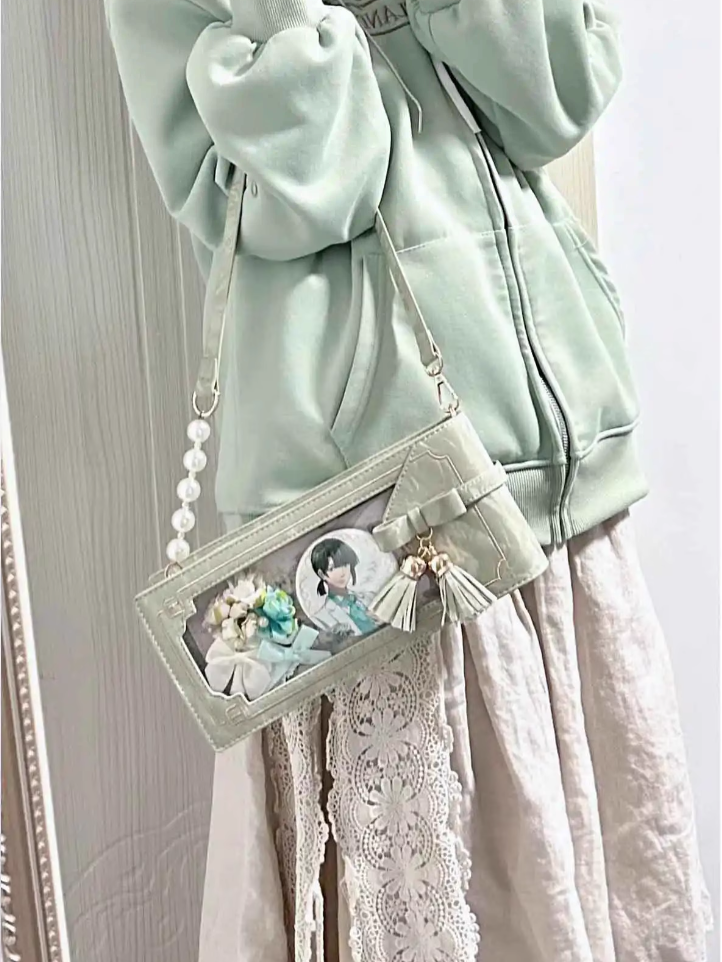 Ita Style Floral Green Cheongsam With Accent Pattern PU Bow Fringe Bag