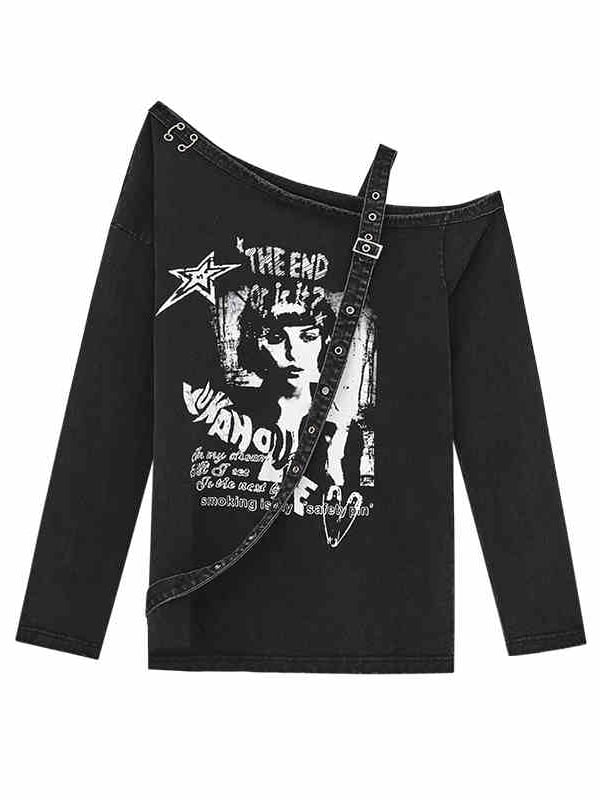 Cutout Shoulder Top Y2K Punk Black Asymmetrical