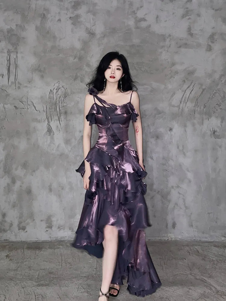 Dark Purple Asymmetrical Layered Flounce Spaghetti Strap Prom Dress Evening Gown