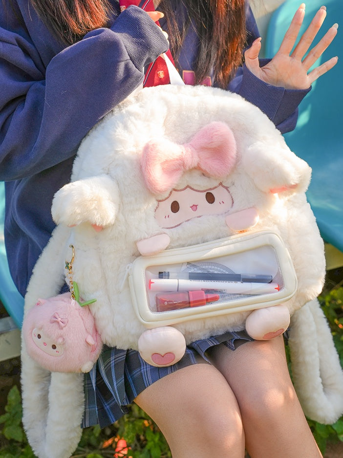 取り外し可能なペンケース付き、白い羊の形をした蝶結びのハート型ぬいぐるみバックパック