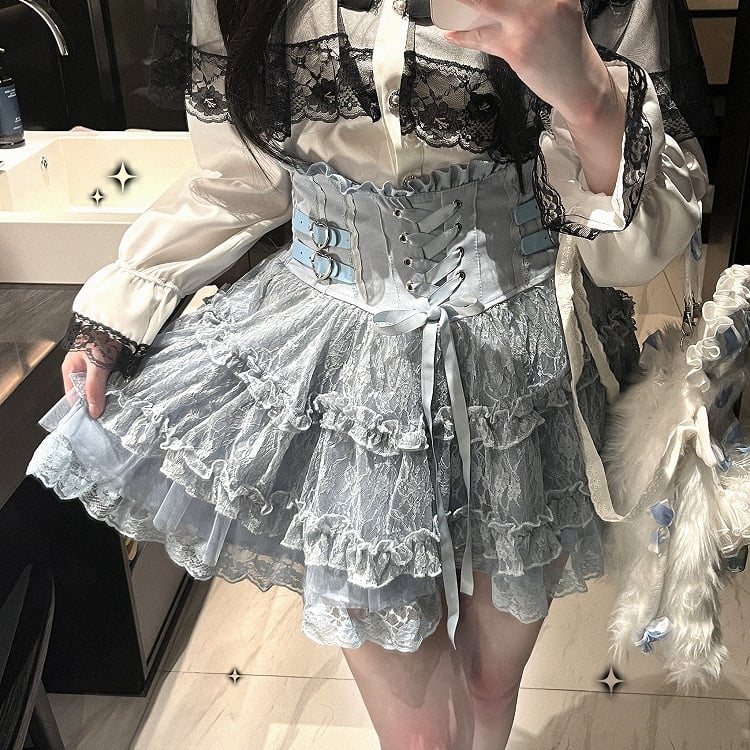 Jupe à volants en dentelle taille haute style mine terrestre avec boucles en forme de cœur bleu Jirai Kei