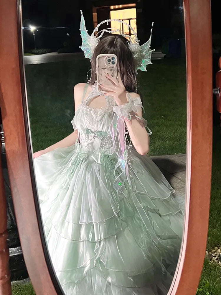 Skirt Layered Fairy Dress Trim Light Princess Lolita Cascading Ruffle Green Corset