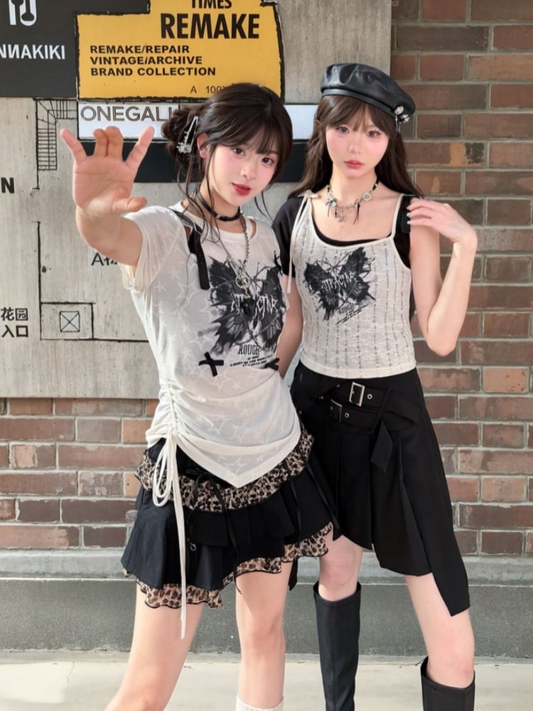 Y2K Black Leopard Pattern Mini Tiered Skirt with Details Glamorous Lace-up