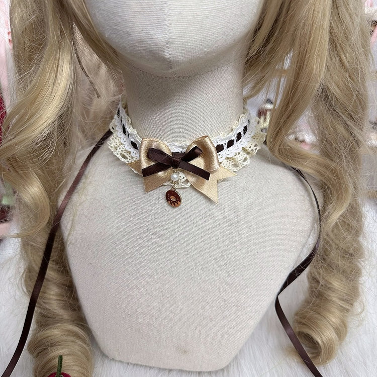Braun/Rosa/Roter Anhänger und Lolita-Halsband mit süßer Schleifenspitze