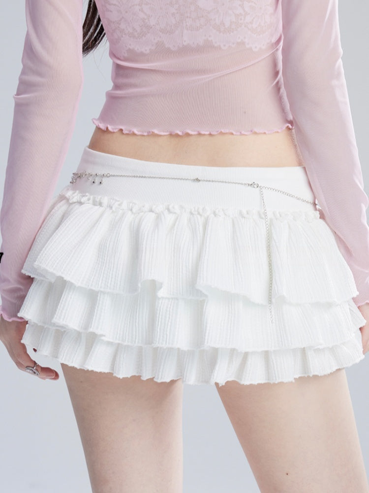Mini Tiered Skirt Beige Low Balletcore Waist