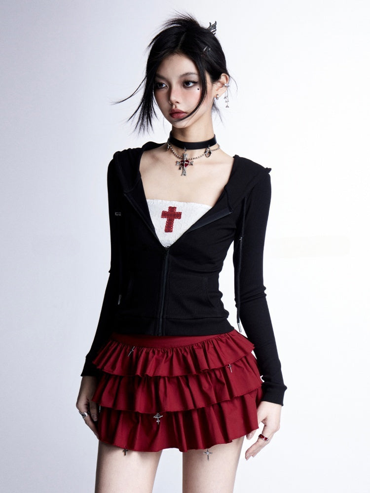 Strapless Top/Red Cross Tiered Skirt Gothic Red Cross Applique White Cropped Charms