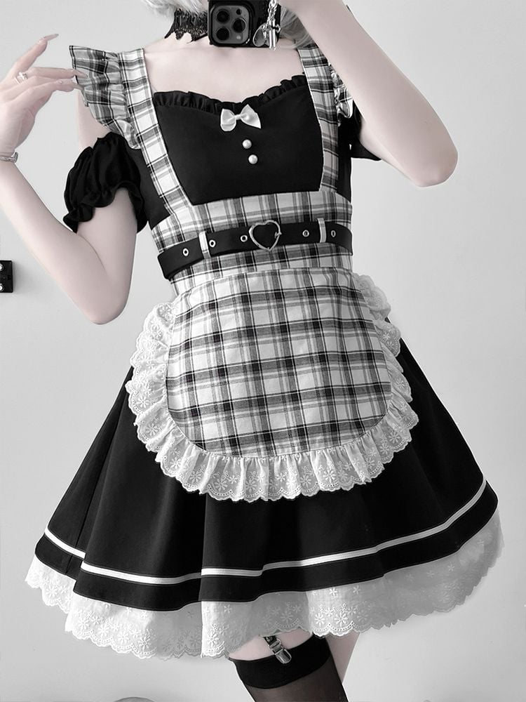 Shoulder Piece Lolita Maid One Set Cutout + Plaid Black Apron
