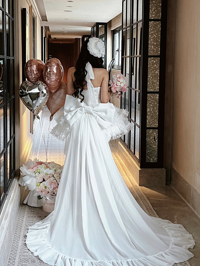 White Floor Length Big Bow Train