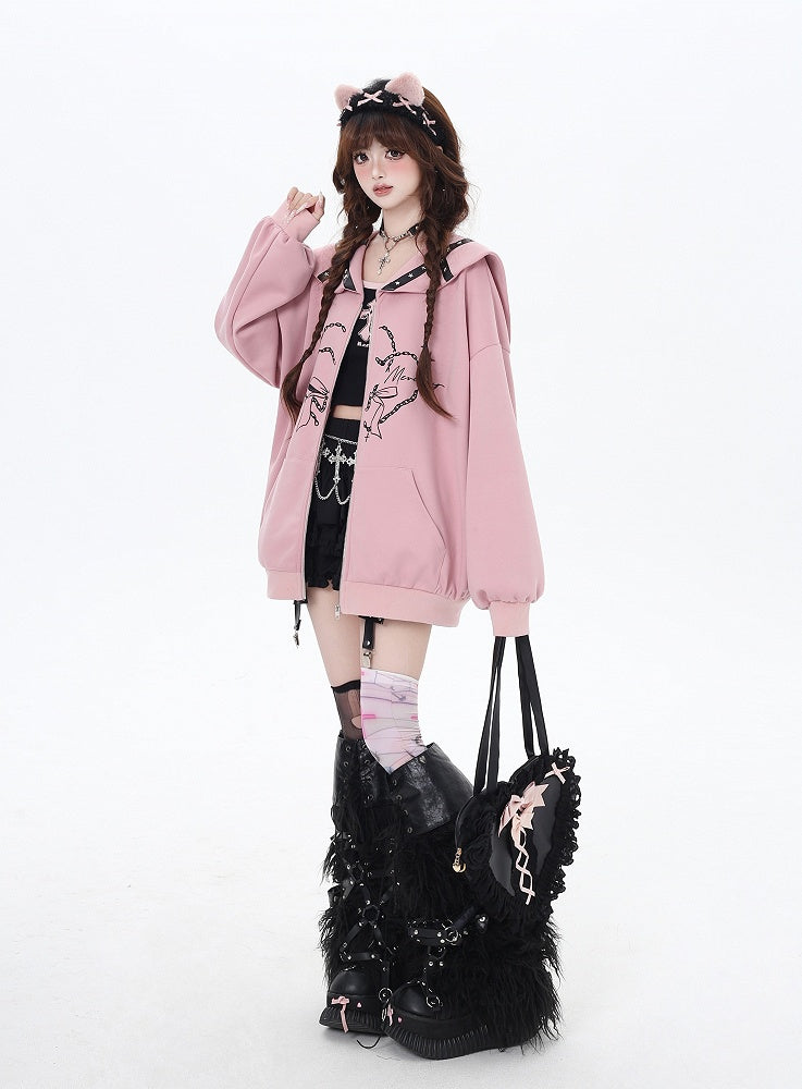 Rosa/graue bedruckte Jacke mit Matrosenkragen und Reißverschluss