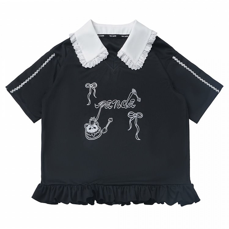 Short/Long Top Sleeves Panda Dessert Print Ruffled Pointed Flat Collar Ruffled Hem Black